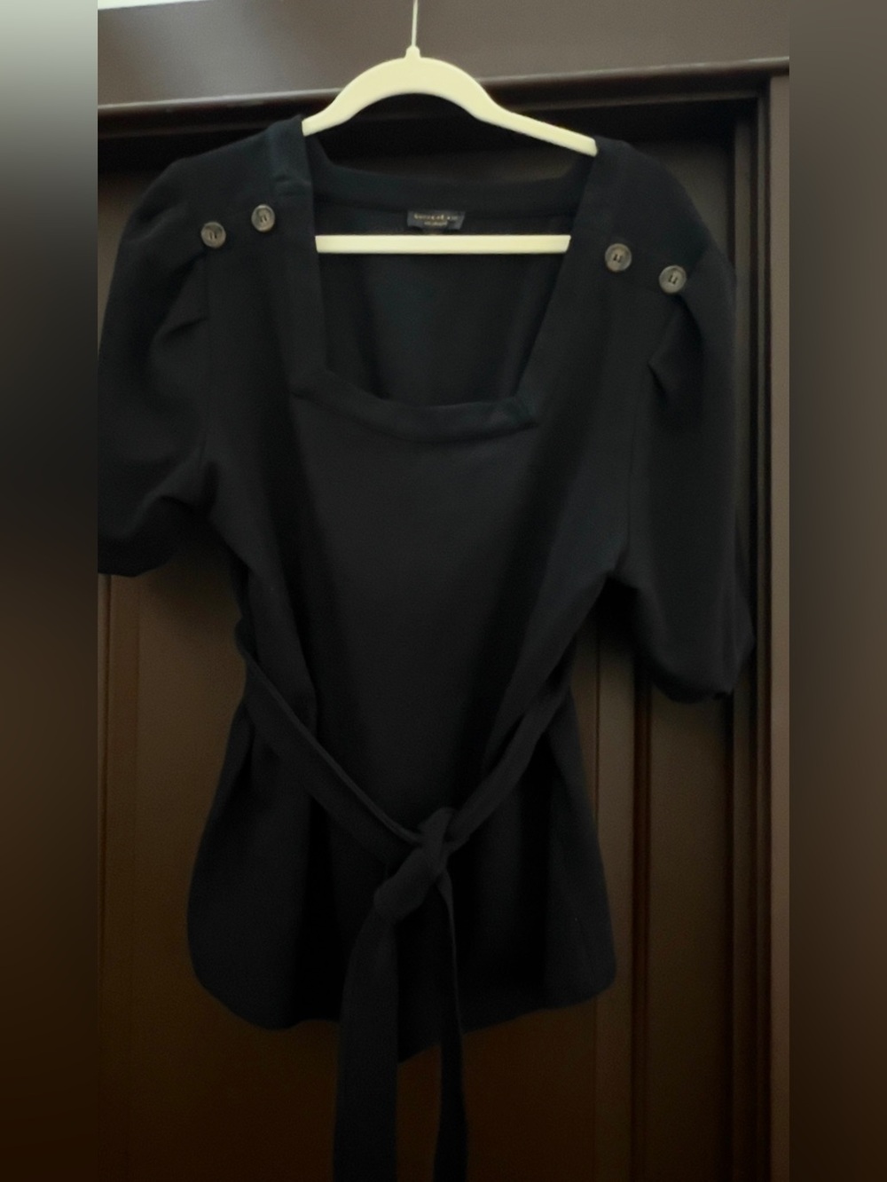 Black Square-Neck Puff Sleeve Tie-Waist Top from Anthropologie